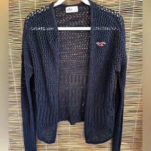 Hollister Navy Blue Crochet Cardigan Size Small Open Front Y2K Knit